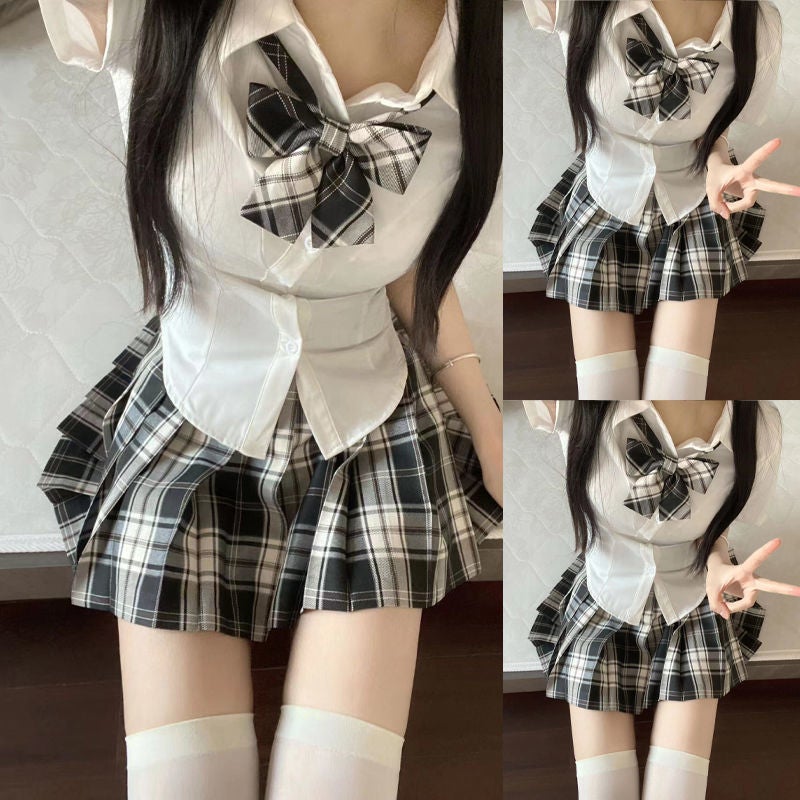 Japanese-Style Boutique Jk Uniform Waist-Slimming Short-Sleeve White Shirt Women'S Pure Desire Academy Style Girl Plaid Skirt Seaweed Suit - Image 1
